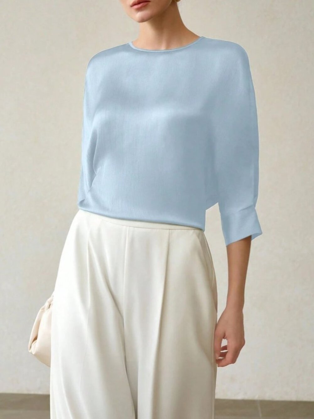 Sky Blue Woven Blouse with Dolman Sleeves and Cuffed Hem